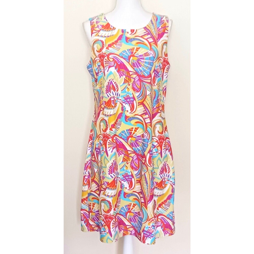 Jude Connally Bright Tropical Print Sleeveless Shift Dress Sz M Made in USA